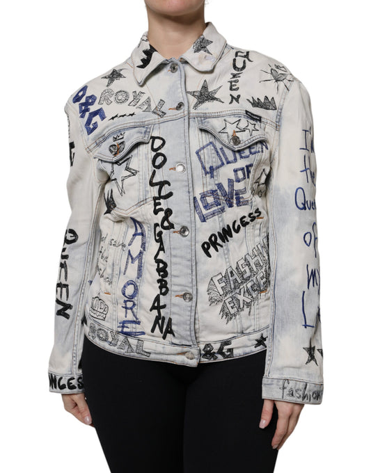 Dolce & Gabbana Hellblaue Jeansjacke mit Graffiti-Knopfleiste