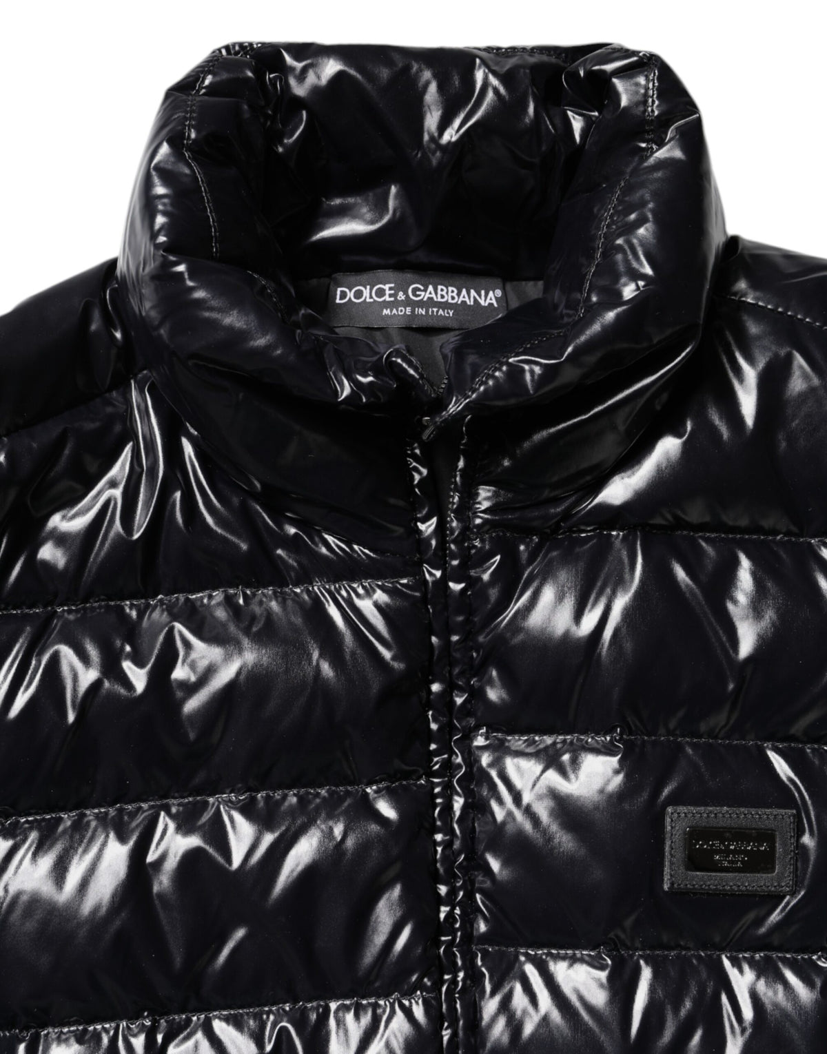 Dolce & Gabbana – Pufferjacke mit durchgehendem Reißverschluss und schwarzem Logo-Schild