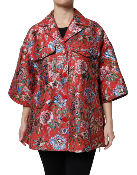 Dolce & Gabbana – Rote Jacquard-Manteljacke mit Knopfleiste und Blumenmuster