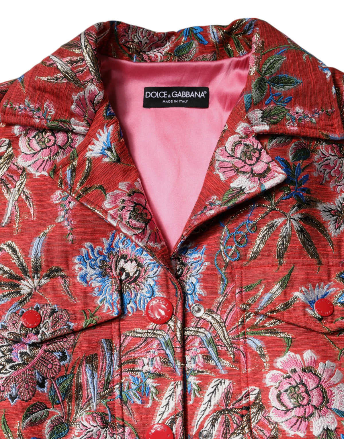 Dolce & Gabbana – Rote Jacquard-Manteljacke mit Knopfleiste und Blumenmuster