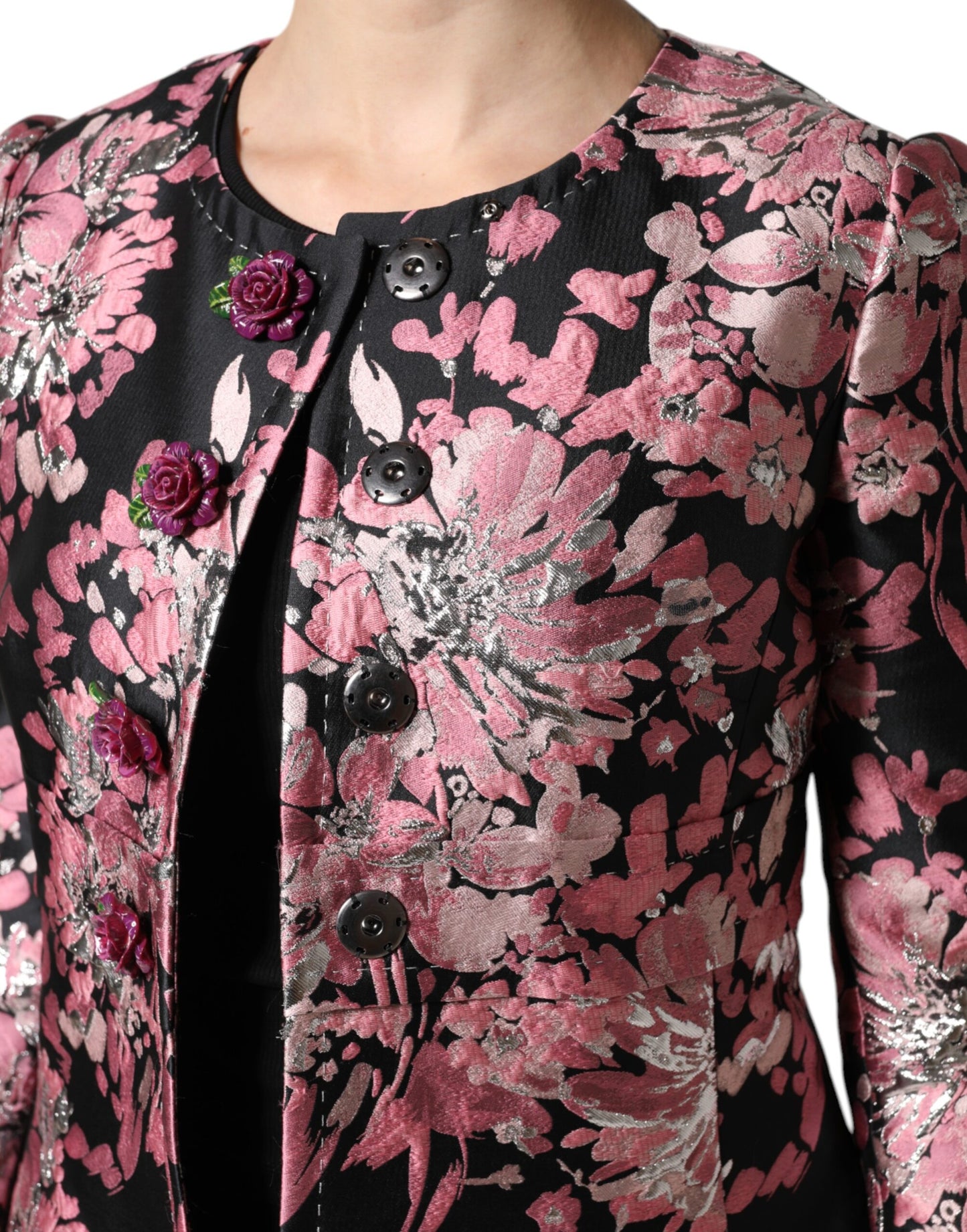 Dolce & Gabbana – Trenchcoatjacke aus Brokat mit Blumenmuster in Rosa und Schwarz