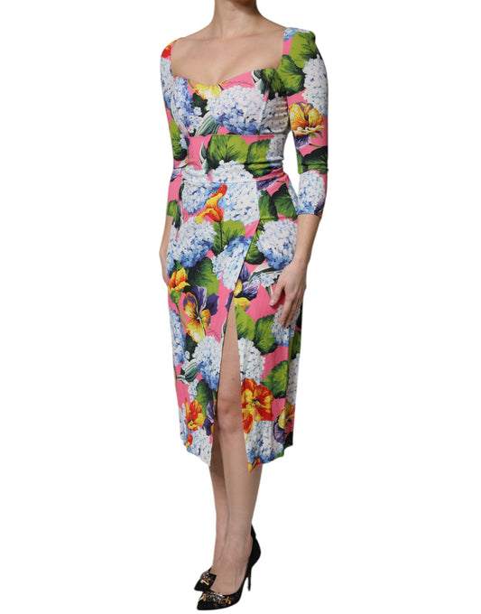 Dolce & Gabbana – Mehrfarbiges Midikleid mit seitlichem Schlitz und Blumenmuster