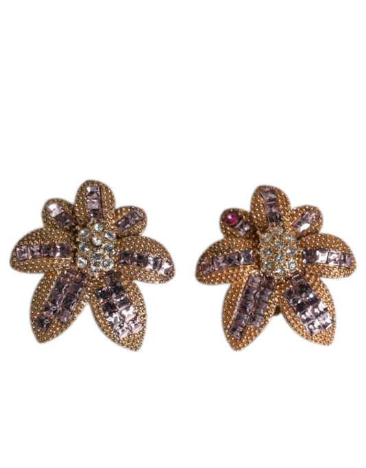 Dolce & Gabbana Gold Brass Purple Flower-Shaped Crystals Clip On Earrings