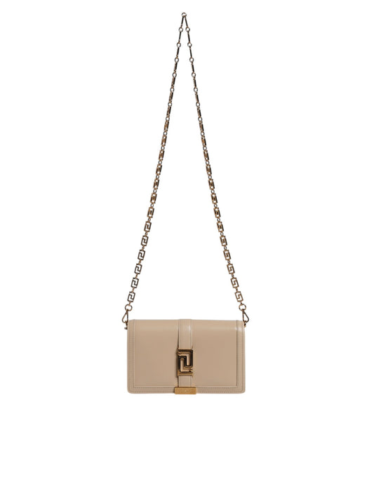 Versace – Umhängetasche aus Kalbsleder mit goldener Kette in Beige