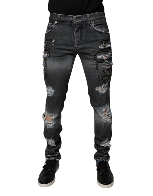Dolce & Gabbana Dunkelgraue Skinny-Jeans aus zerfetzter Baumwolle