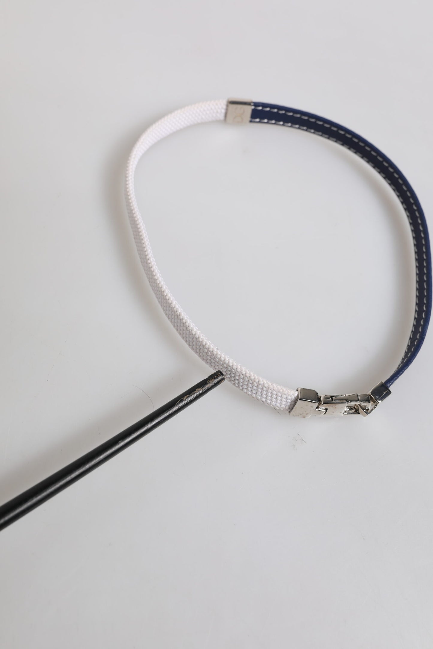 Dolce & Gabbana Blue White Leather Trimmed DG Engraved Silver Tone Clasp Bracelet