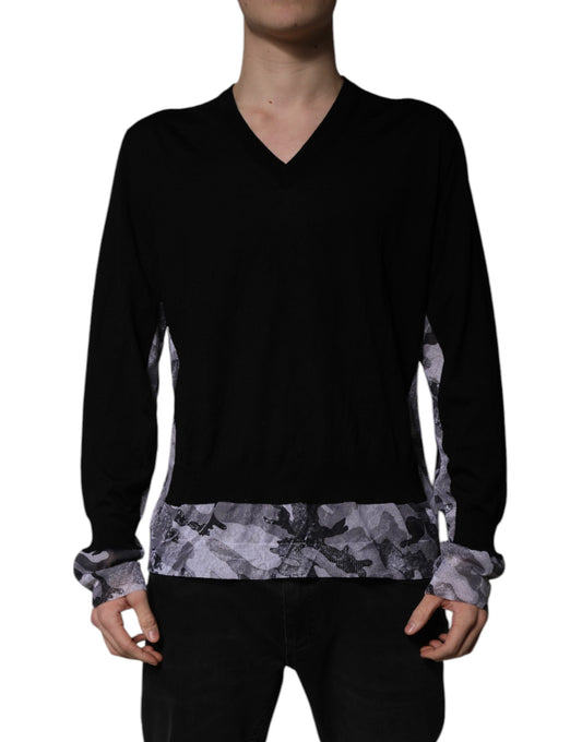 Dolce & Gabbana – Schwarzer Camouflage-Pullover mit V-Ausschnitt