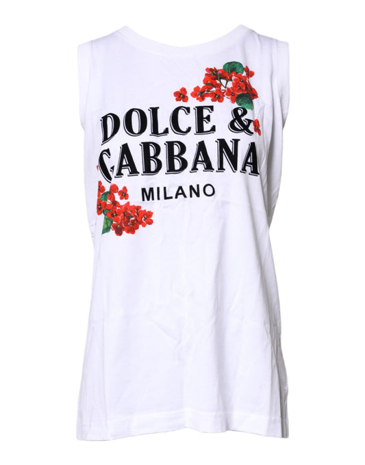 Dolce & Gabbana – Weißes, ärmelloses Baumwoll-T-Shirt mit Blumendruck