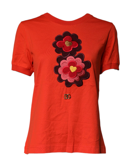 Dolce & Gabbana – Rotes Baumwoll-T-Shirt mit Rundhalsausschnitt und Blumenstickerei