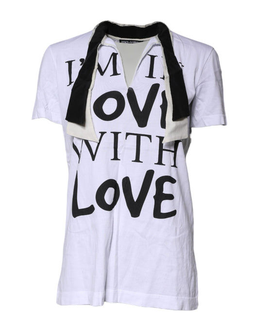 Dolce & Gabbana – Weißes T-Shirt aus Baumwoll-Seiden-Mischgewebe mit Ascot-Kragen