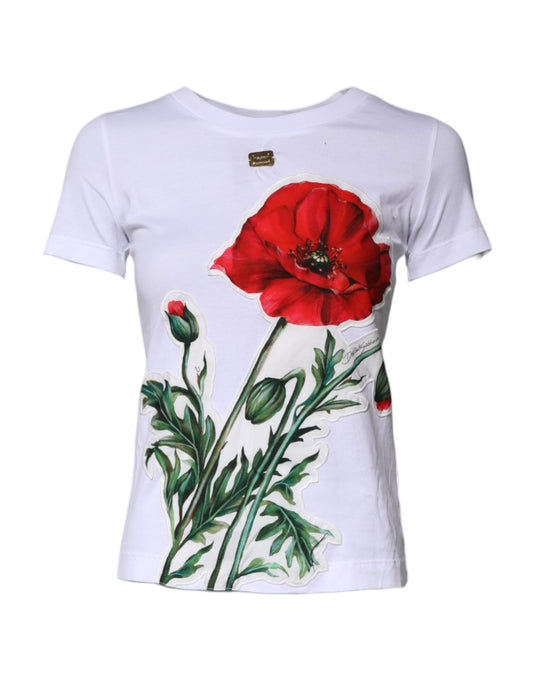 Dolce & Gabbana – Weißes Baumwoll-T-Shirt mit Rundhalsausschnitt und Blumendruck