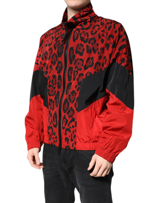 Dolce & Gabbana – Bomberjacke aus Nylon mit durchgehendem Reißverschluss und rotem Leopardenmuster