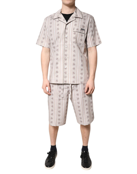 Dolce & Gabbana Beige Blumendruck Baumwolle Herren Pyjama Set Nachtwäsche