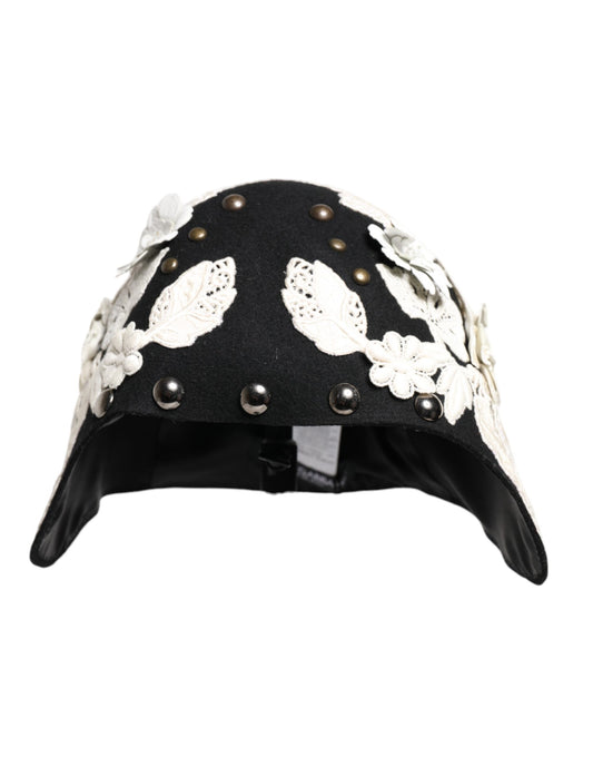Dolce & Gabbana Glockenhut aus schwarzer Wolle mit weißem Blumenmuster und Blattgold