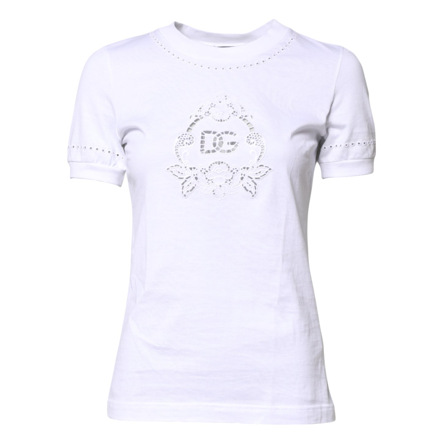 Dolce & Gabbana – Weißes Baumwoll-T-Shirt mit Blumenlogo und Rundhalsausschnitt