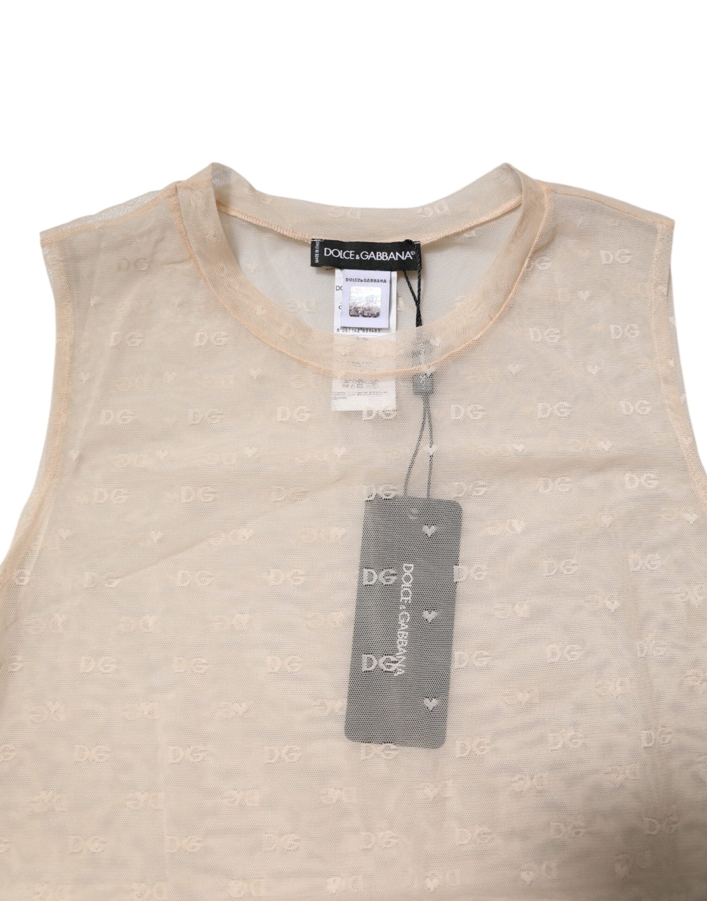 Dolce & Gabbana – Durchsichtiges, ärmelloses Tanktop aus Nylon mit Logo in Elfenbein