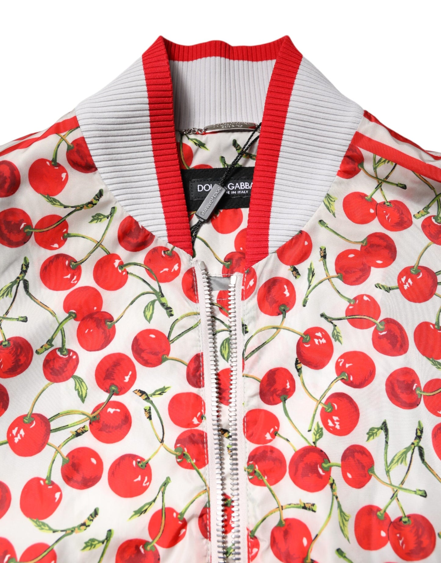 Dolce & Gabbana – Bomberjacke mit durchgehendem Reißverschluss und Kirschmuster in Weiß