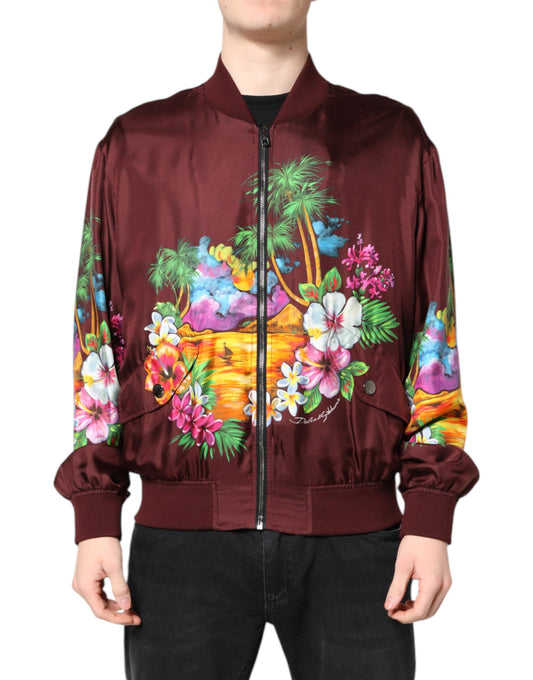 Dolce & Gabbana – Bomberjacke mit durchgehendem Reißverschluss und Blumenmuster in Kastanienbraun