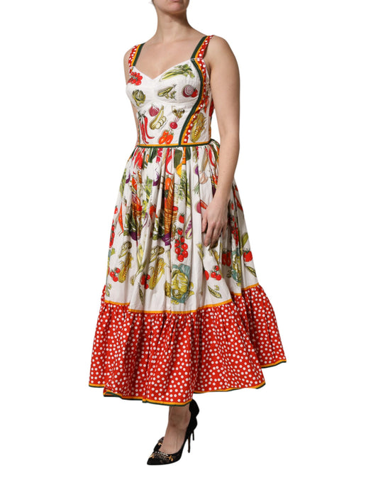Dolce & Gabbana Weißes ärmelloses A-Linien-Kleid mit Gemüse