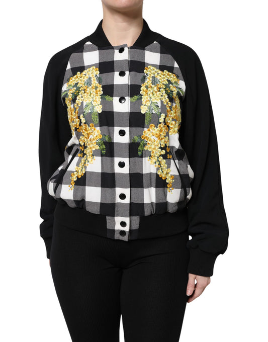 Dolce & Gabbana – Schwarz-weiß karierte Button-Down-Jacke mit Blumenmuster
