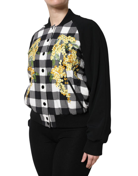 Dolce & Gabbana – Schwarz-weiß karierte Button-Down-Jacke mit Blumenmuster