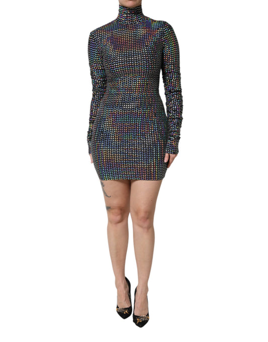 Dolce & Gabbana – Schwarzes, verziertes, figurbetontes Minikleid aus Nylon