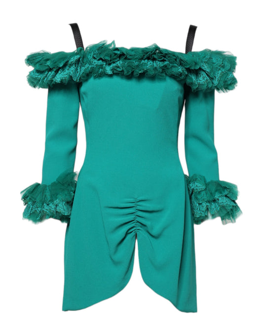 Dolce & Gabbana – Schulterfreies Mini-Etuikleid aus grüner Spitze