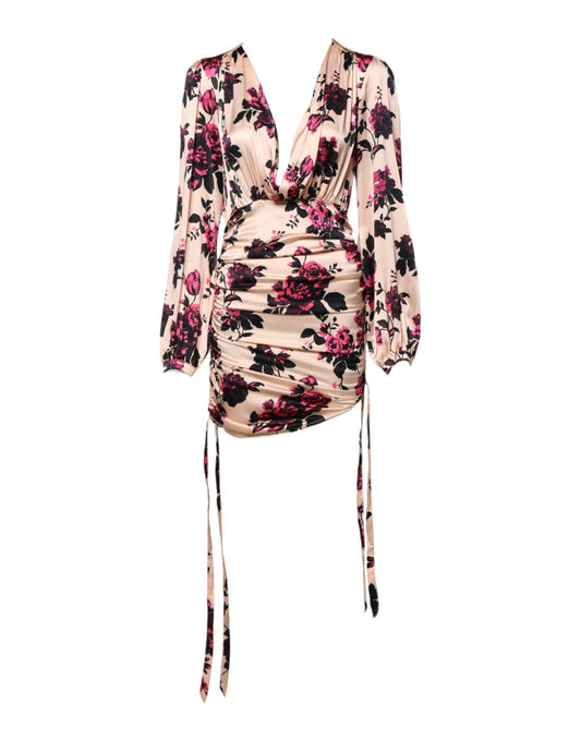 Laneus Pink Floral Silk Long Sleeves V-neck Ruched Mini Dress