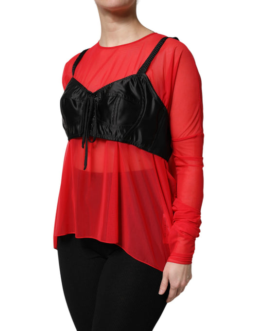 Dolce & Gabbana – Rot-schwarzes Oberteil mit langen Ärmeln und Bustier-Detail