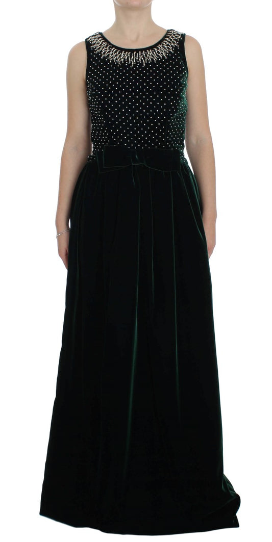 Dolce & Gabbana, langes Maxikleid aus grünem Samt mit Kristallen