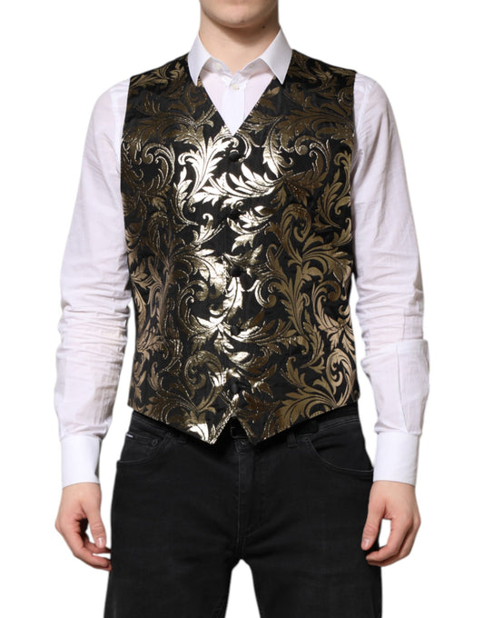 Dolce & Gabbana Schwarz Gold Jacquard Formelle Herren Weste