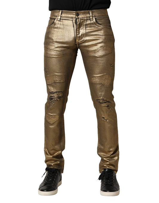 Dolce & Gabbana – Schmale Jeans aus zerfetzter Baumwolle und Stretch in Gold