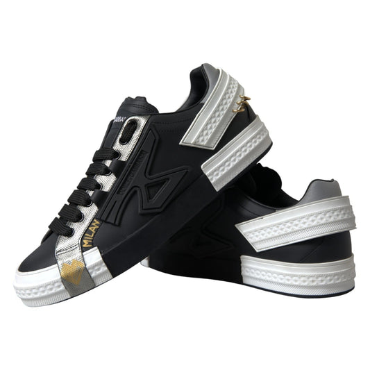 Dolce & Gabbana Schwarze Leder Low Top Sneakers Portofino Schuhe