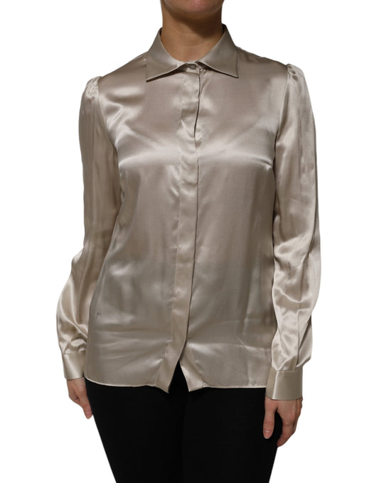 Dolce & Gabbana Beige Satin Seide Langarm Top mit Kragen