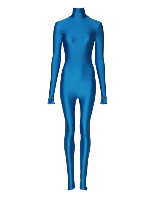 Dolce & Gabbana, blaues, figurbetontes Jumpsuit-Kleid aus Nylon mit Rollkragen