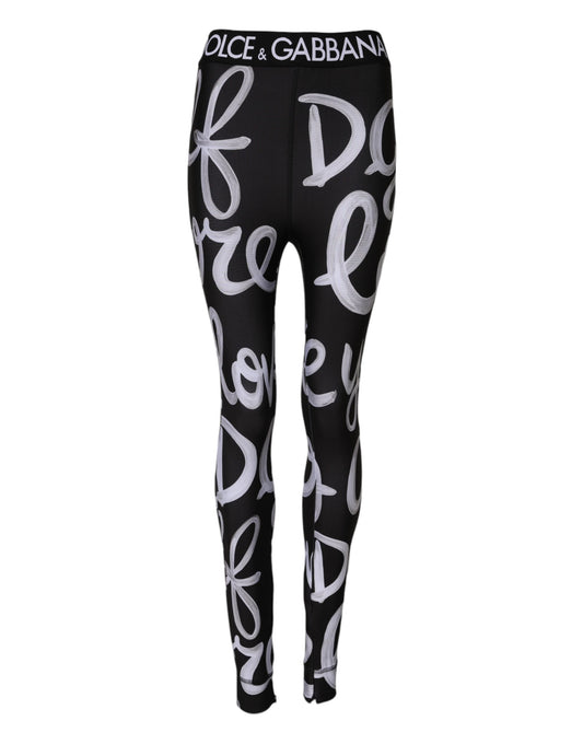 Dolce & Gabbana – Schwarze Hose mit mittelhohem Bund aus Polyester mit Logo-Print
