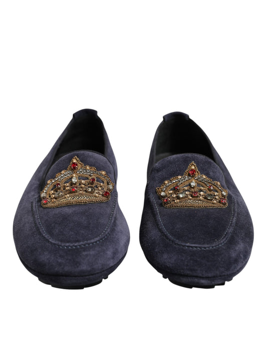 Dolce & Gabbana – Blaue Loafer aus Wildleder mit Krone und Kristallen