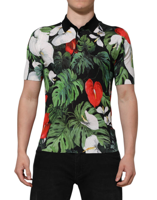 Dolce & Gabbana – Mehrfarbiges Poloshirt aus Seide mit Blumenmuster und Kragen