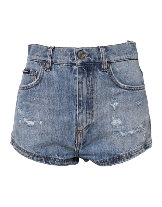 Dolce & Gabbana – Hotpants-Shorts aus Denim-Baumwolle mit blauem Logo-Schild