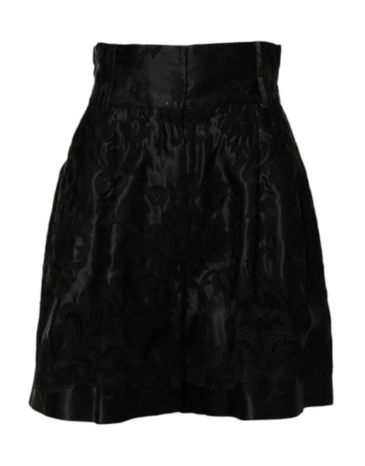 Dolce & Gabbana Schwarze Shorts aus Seide mit hoher Taille und Blumenstickerei