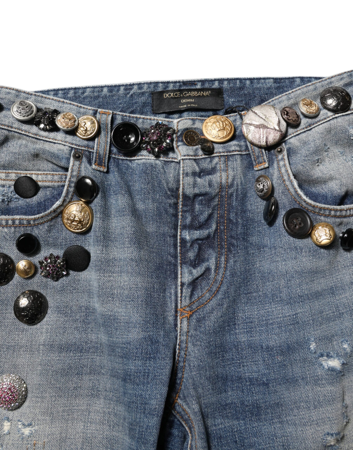 Dolce & Gabbana – Blaue, zerfetzte Skinny-Denim-Jeans mit Verzierung