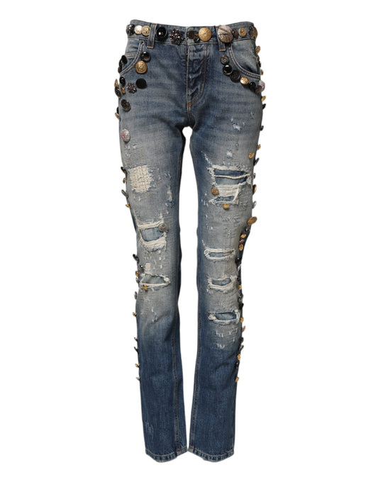 Dolce & Gabbana – Blaue, zerfetzte Skinny-Denim-Jeans mit Verzierung