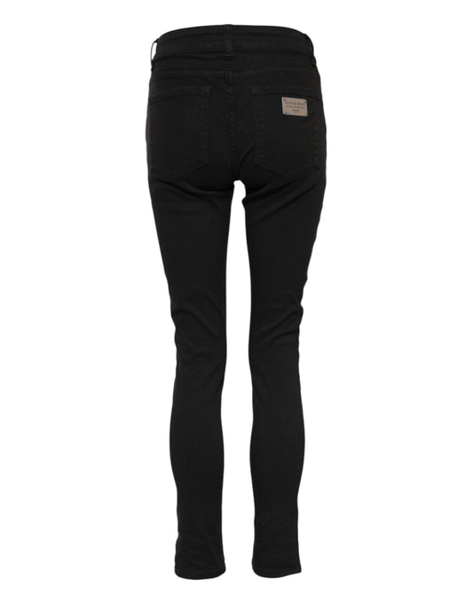 Dolce & Gabbana Black Cotton Logo Skinny Mid Waist Denim Jeans