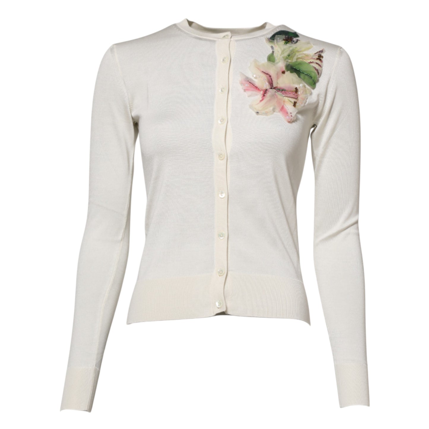Dolce & Gabbana – Strickjacke aus weißer Seide mit Lilien-Knöpfen