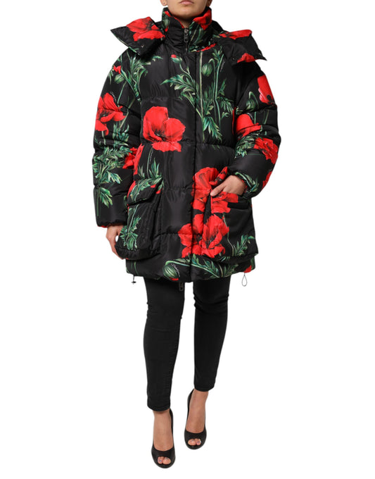 Dolce & Gabbana – Schwarze Steppjacke aus Polyester mit Blumenmuster und Kapuze