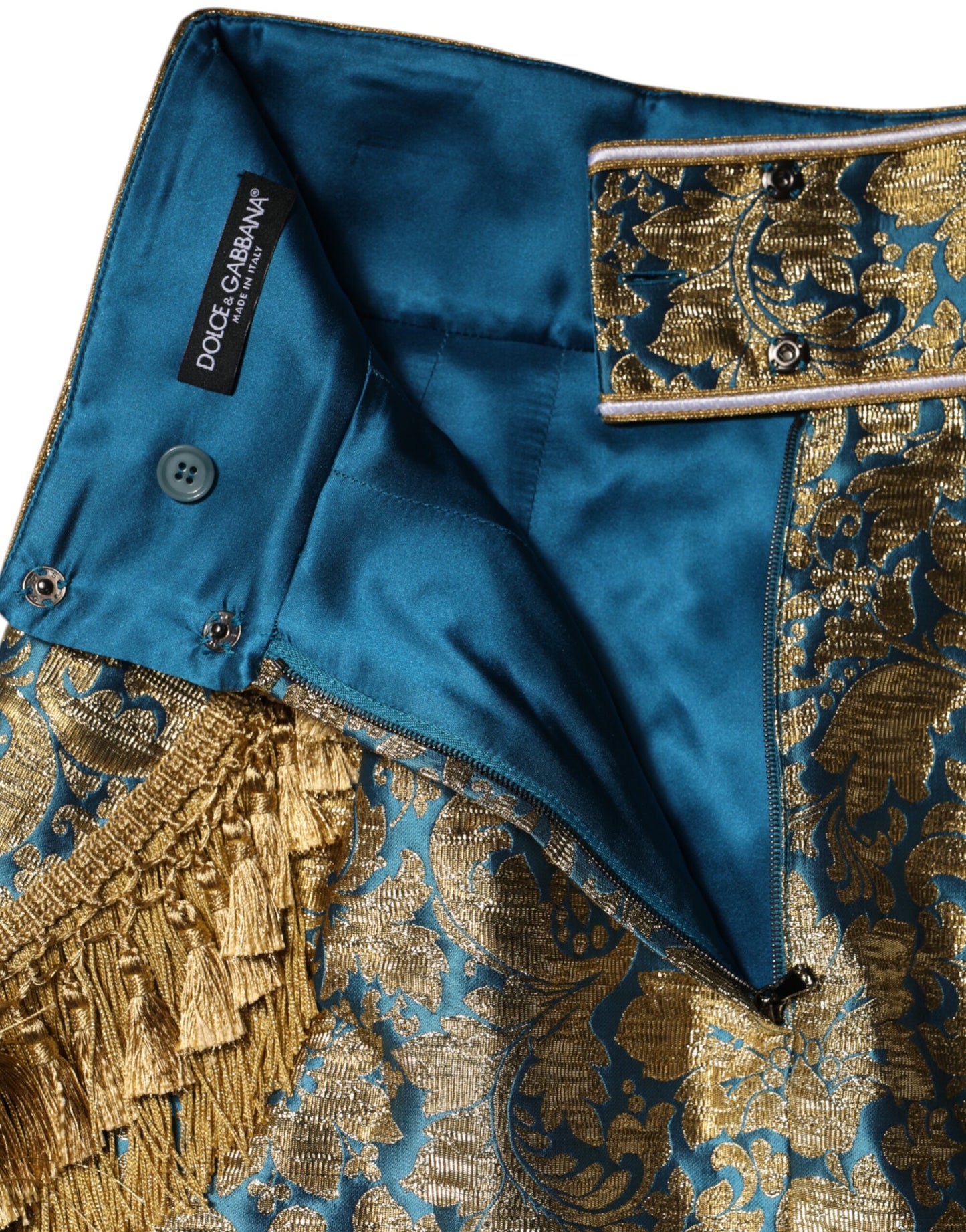 Dolce & Gabbana – Blauer Minirock aus geblümtem Jacquard mit Quasten