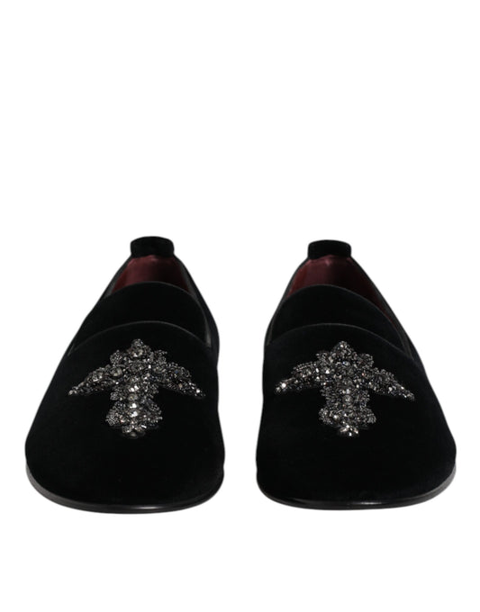Dolce & Gabbana – Loafer-Schlupfschuhe aus schwarzem Samt mit Verzierung