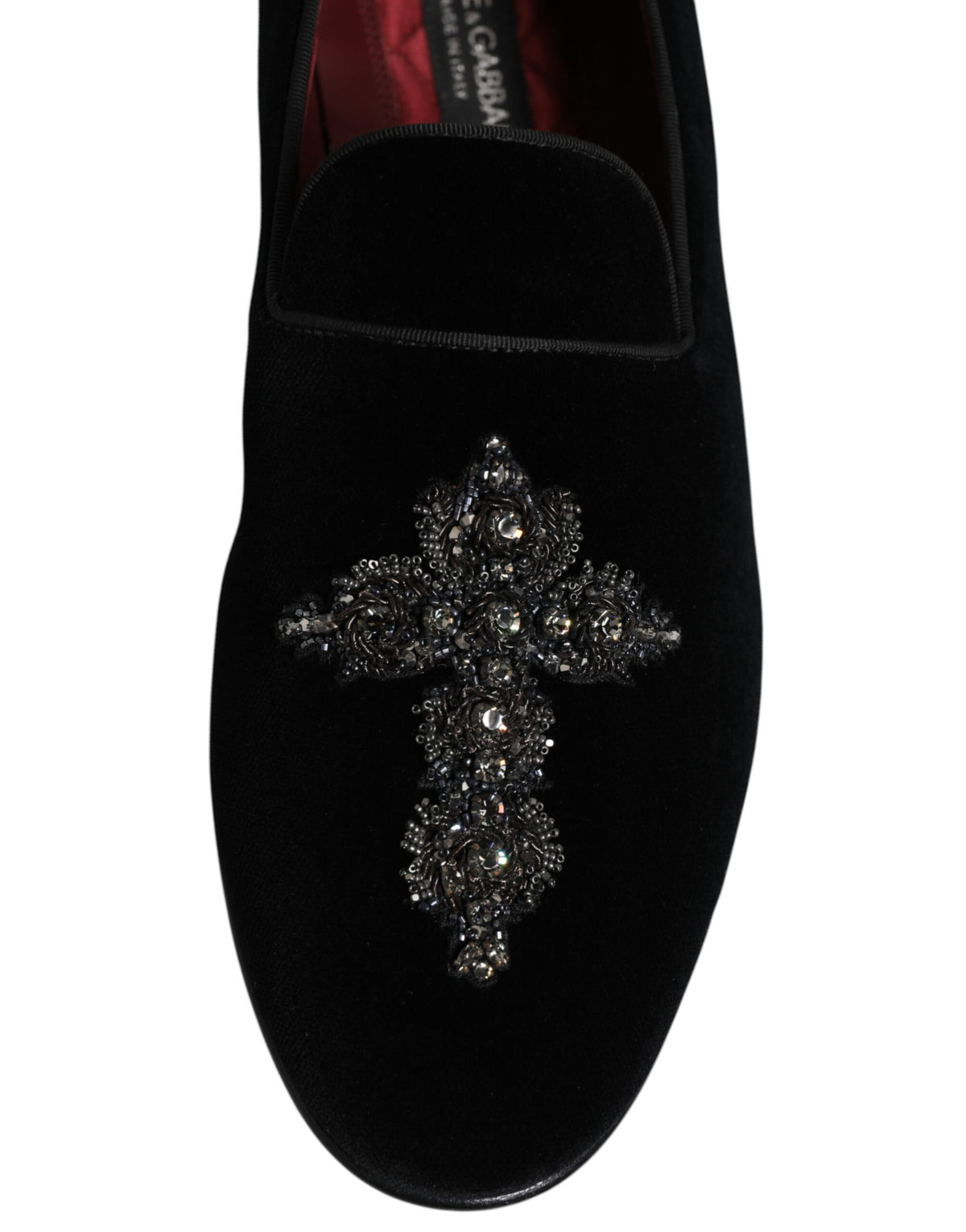 Dolce & Gabbana – Loafer-Schlupfschuhe aus schwarzem Samt mit Verzierung