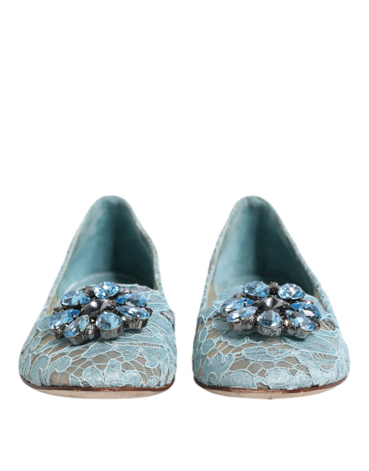 Dolce & Gabbana Blaue Spitzen-Ballerinas mit Kristallen, Halbschuhe