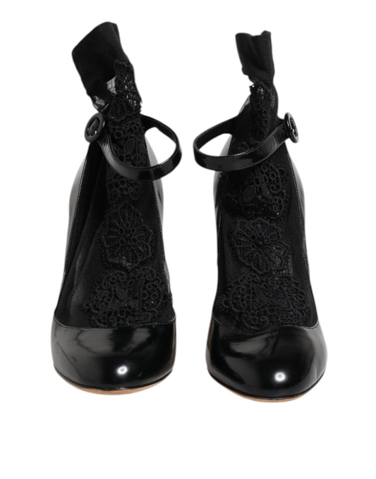 Dolce & Gabbana Schwarze Leder-Spitzensocken Heels Pumps Schuhe